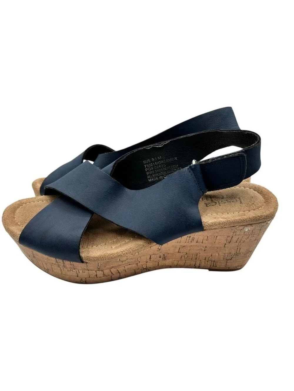 Jessica Cline Navy Blue Wedge Sandals Cork Platform Slingback Women's Size 8.5M
